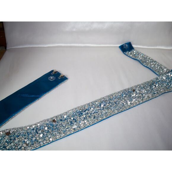 Teal blue beaded rhinestone satin belt prom formal dressy bridal dress belt sash main image 6